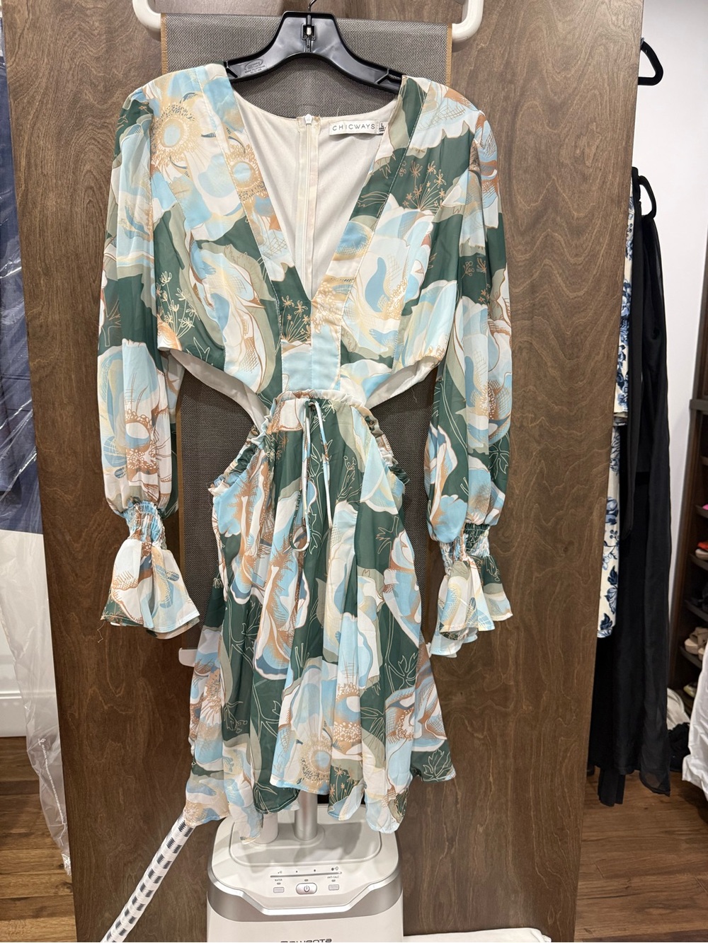 Chicwish Green and Light Blue Floral Cutout Mini Dress